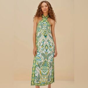 NWT Farm Rio Tropical Tapestry Off-White Halter Neck Maxi Dress Sz S